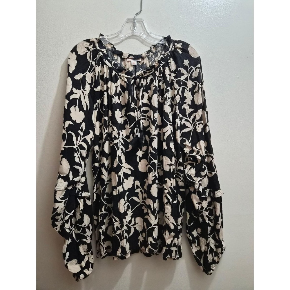 Knox Rose Womens Floral Tassel Tie Blouse Black Cream Long Sleeve Oversized M